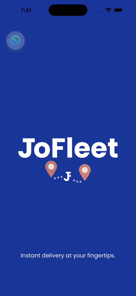 JoFleet - Tela de apresentação do aplicativo JoFleet com o logotipo da empresa e o slogan 'entrega instantânea ao seu alcance'
