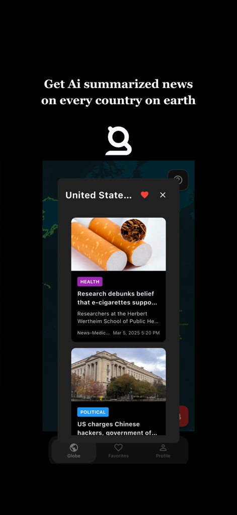 GeoFront - GeoFront mobile app interface showing AI summarized news articles for the United States.