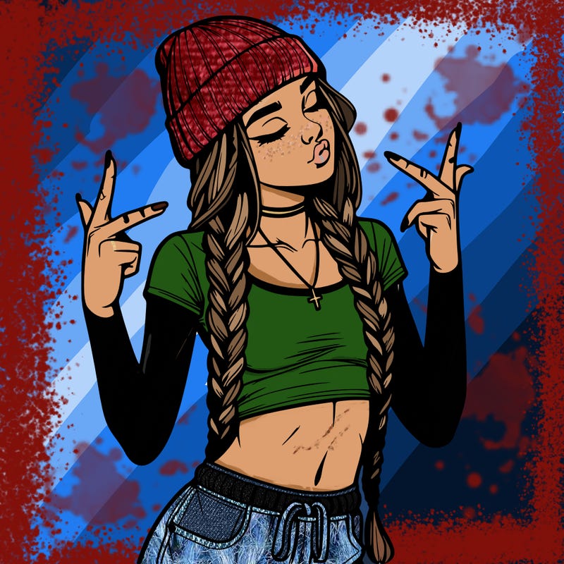 realistic teenage girl with braids and a beanie and crop top doing 🫶🏼