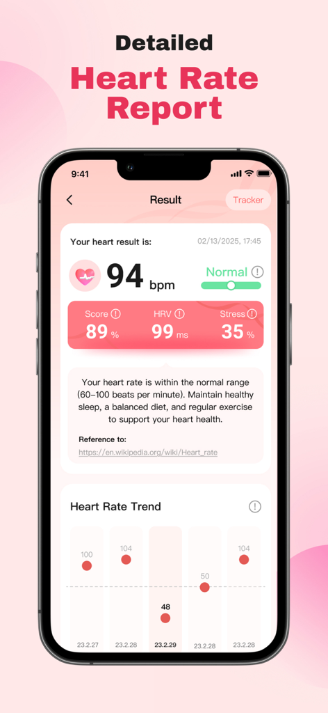 Blood Pressure APP-pulse track - Un informe detallado de frecuencia cardíaca en una aplicación móvil que muestra lpm y tendencias de frecuencia cardíaca