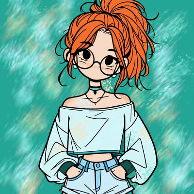 girl with a messy ponytail glasses a baggy crop top and jean shorts