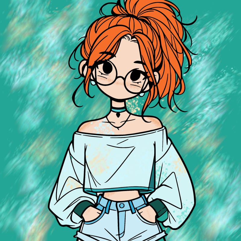 girl with a messy ponytail glasses a baggy crop top and jean shorts