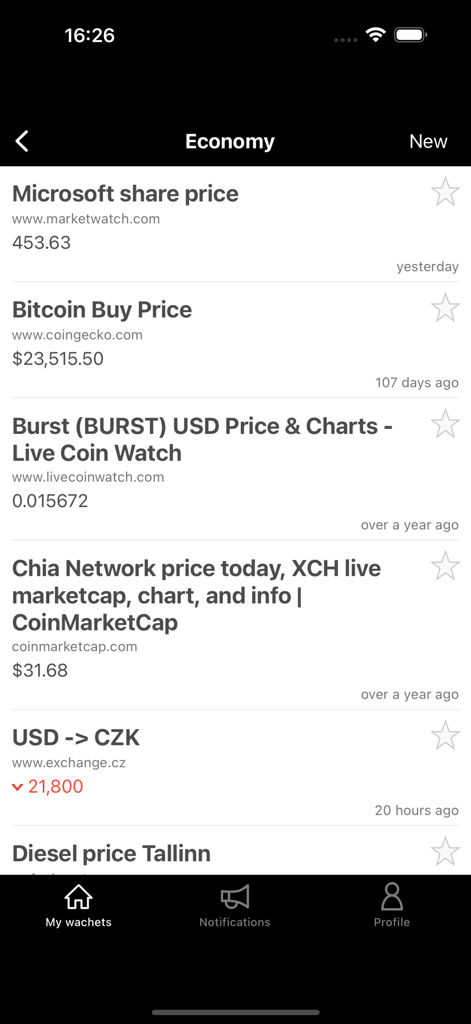 Tableau de bord de l'application Wachete affichant une liste de prix d'actions et de cryptomonnaies suivis.