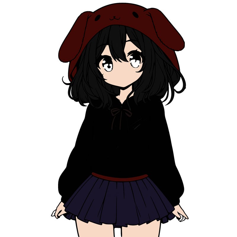 pretty anime girl wearing a fluffy hoodie with bunny ears on the hood and a skirt