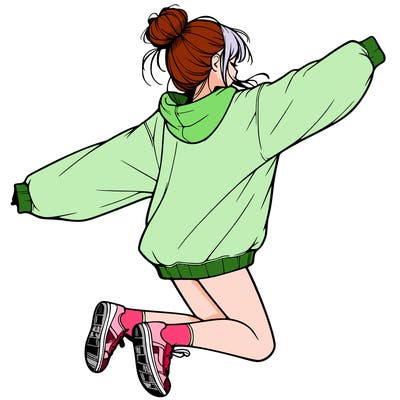 realistic girl jumping with a bun and oversized sweatshirt