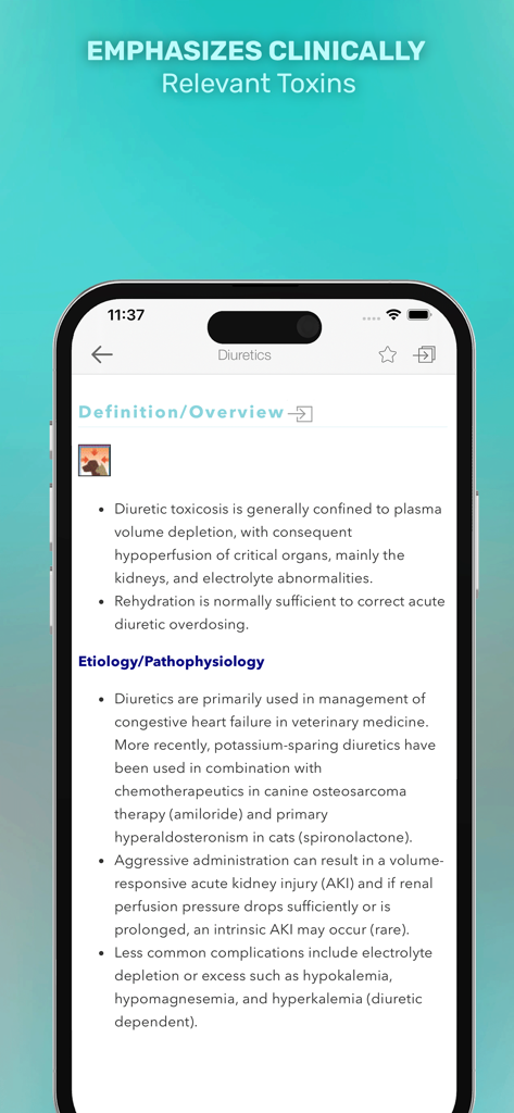 5 Minute Veterinary - 5分間獣医アプリのインターフェースに表示される利尿薬中毒の臨床概要。