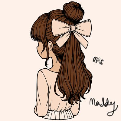 realistic girl  with hip length hair a bun and a big bow on the back of head