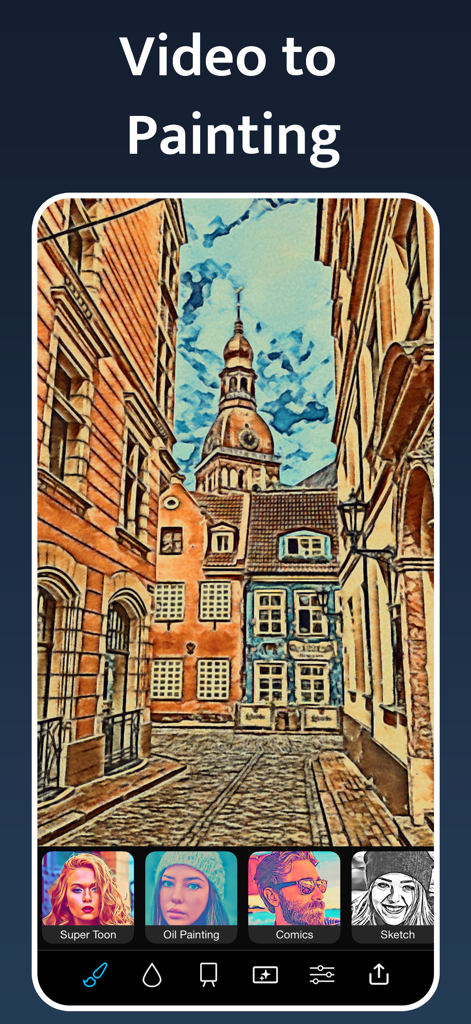 Interfaz de la aplicación Instant Toon que muestra una calle de la ciudad transformada en una pintura con filtros de cartoon y boceto