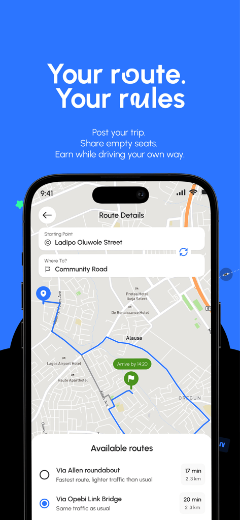Linc Ride - Interface de l'application mobile Linc Ride montrant la planification d'itinéraire et les itinéraires de covoiturage disponibles sur une carte de Lagos.