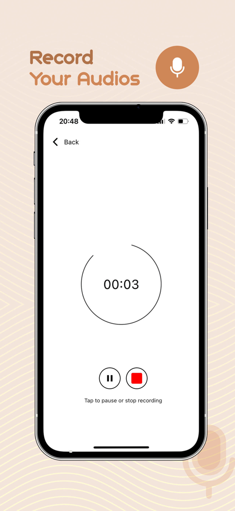 Tela de gravação do aplicativo Notely Voice mostrando um cronômetro e controles de áudio em um smartphone.