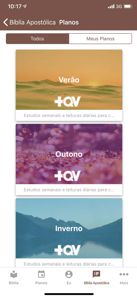 A list of seasonal Bible reading plans from the plus QV ministry in the Biblia Apostolica app