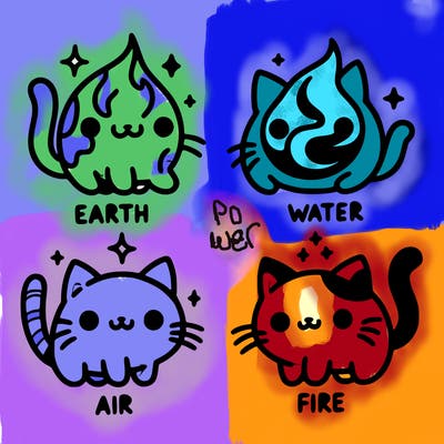 4 cats that represent the different elements, earth, water, air, and fire