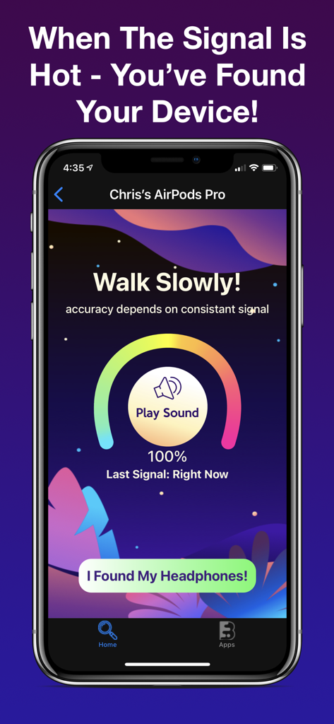 Finder For AirPod & Headphones - Finder For AirPod app showing one hundred percent signal strength to locate lost headphones
