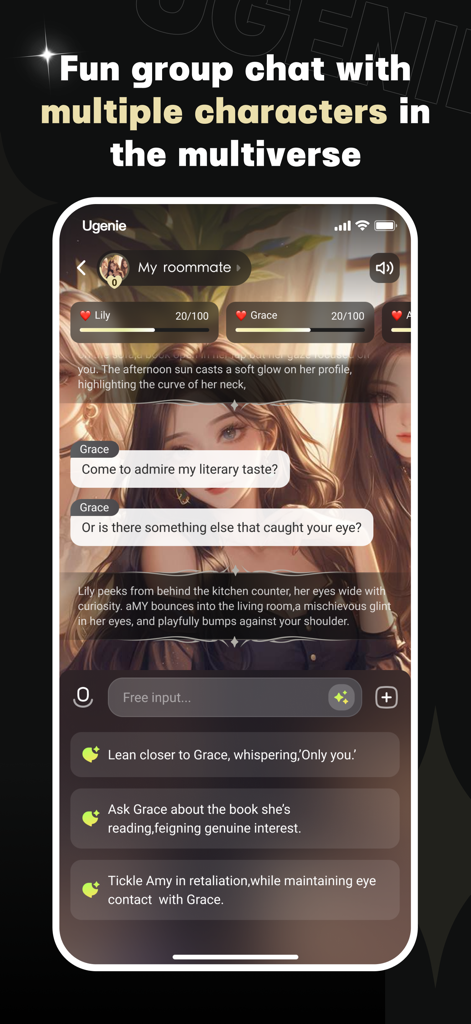 UGenie: AI Chat & Dungeon - UGenie app group chat interface with multiple anime AI characters and interactive story choices.