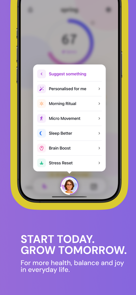 Spring for more healthy years - Spring app AI companion Vera showing a menu of personalized health routines