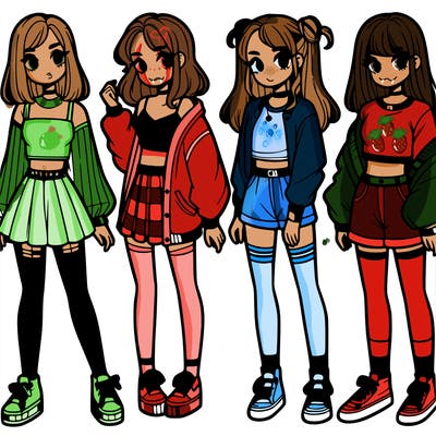 one girl with crop-top shirt and a jacket with a skirt, long socks and another girl with a shirt and pants with a jacket