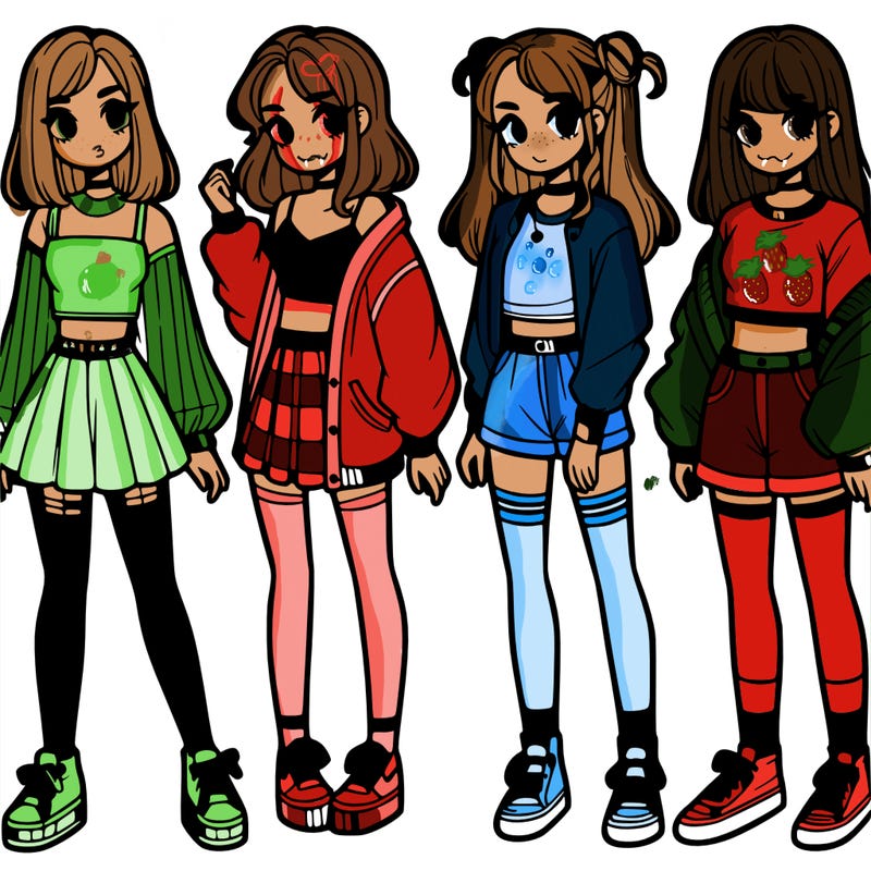 one girl with crop-top shirt and a jacket with a skirt, long socks and another girl with a shirt and pants with a jacket