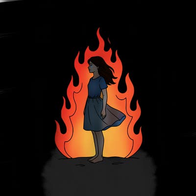 there is a fire but it's not so big but it's big but not too much and there is a girl standing in the middle