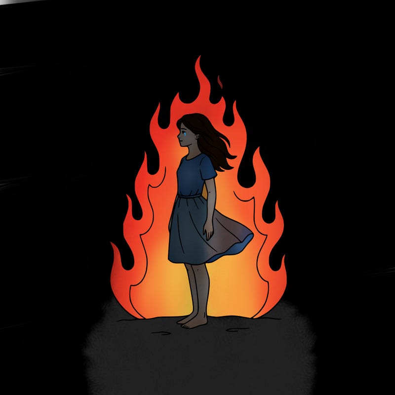 there is a fire but it's not so big but it's big but not too much and there is a girl standing in the middle
