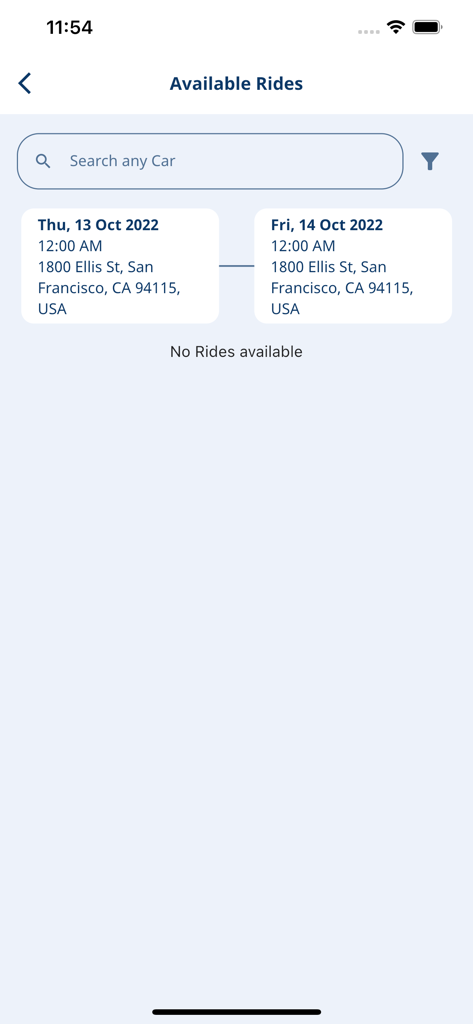 Zeta Cars 앱 이용 가능 차량 검색 화면, 선택한 날짜에 대한 결과 없음 표시