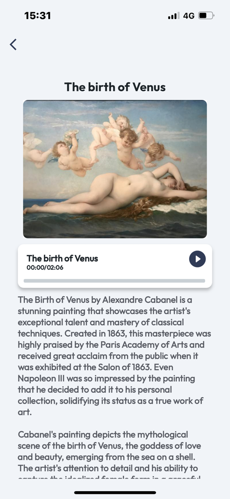 Capture d'écran de l'application Visite d'Orsay affichant une description et un guide audio pour le tableau La Naissance de Vénus par Alexandre Cabanel.