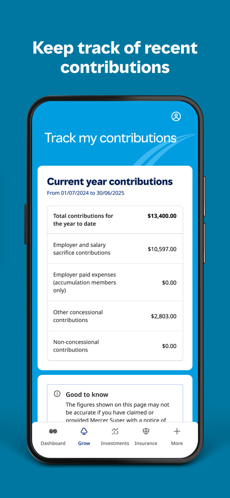 Mercer Super (Member App) - Mobile screen of the Mercer Super app showing a detailed breakdown of current year financial contributions