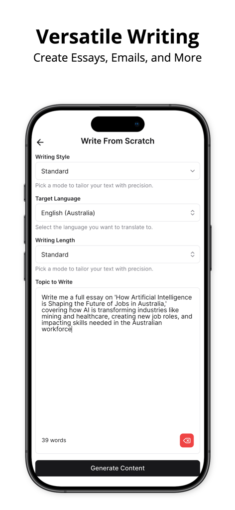 Smartphone screen of the AI Writer app showing the Write From Scratch interface with options for style, language, and topic.