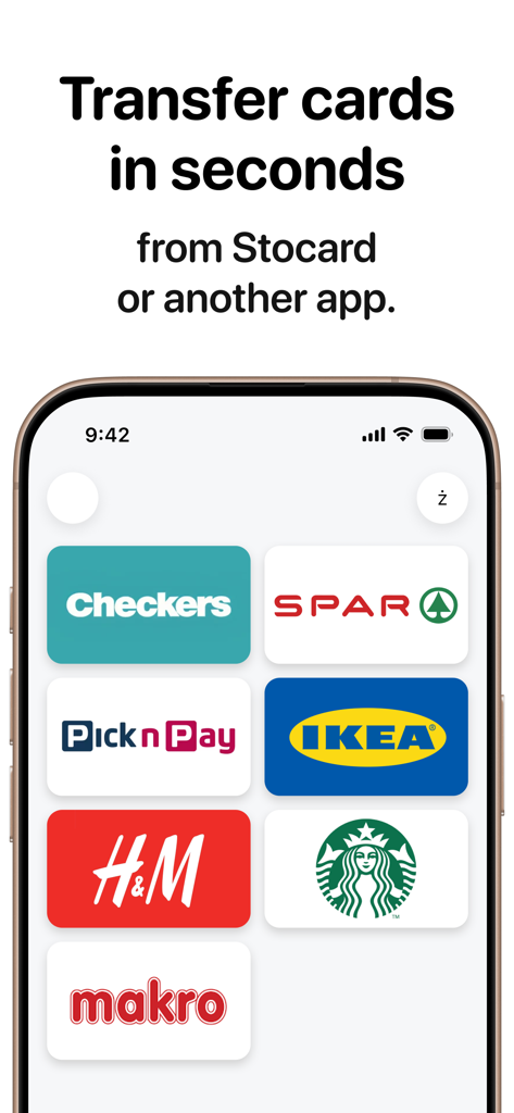 Un écran d'application mobile montrant comment transférer des cartes de fidélité de Stocard avec les logos de grands détaillants comme IKEA, H&M et Starbucks