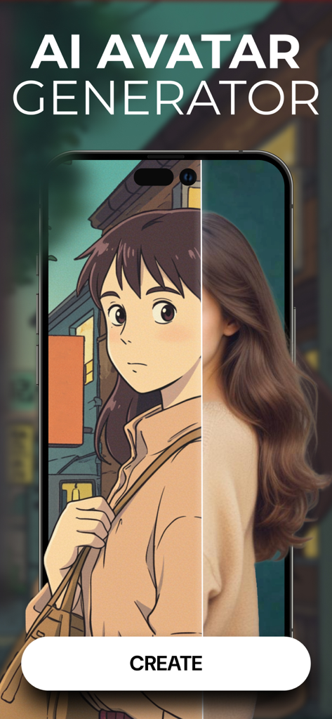 AI avatar generator interface showing a split screen of a photo transformed into a Ghibli style anime character