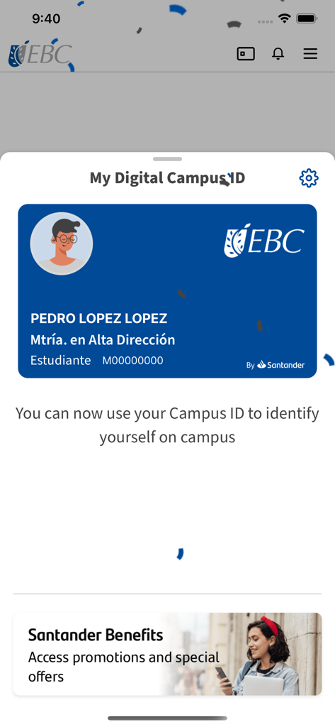 Interface do aplicativo EBC Campus Digital mostrando um cartão de identidade digital de estudante e a seção de benefícios do Santander.
