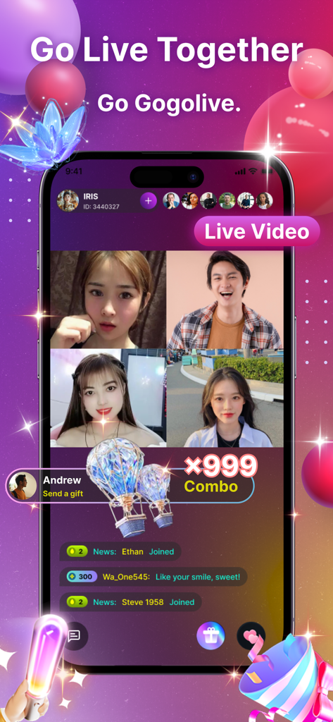 GOGOLIVE Video–Go Live, Chat - A screenshot of the GOGOLIVE app showing four people in a group live stream with gifts and chat messages.