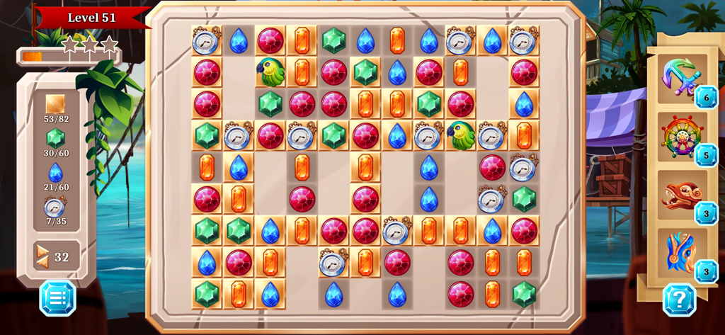 Jewel Quest - Match3 Adventure - Jewel Quest Match3 Adventure gameplay screen showing a puzzle level with a tropical pirate theme.