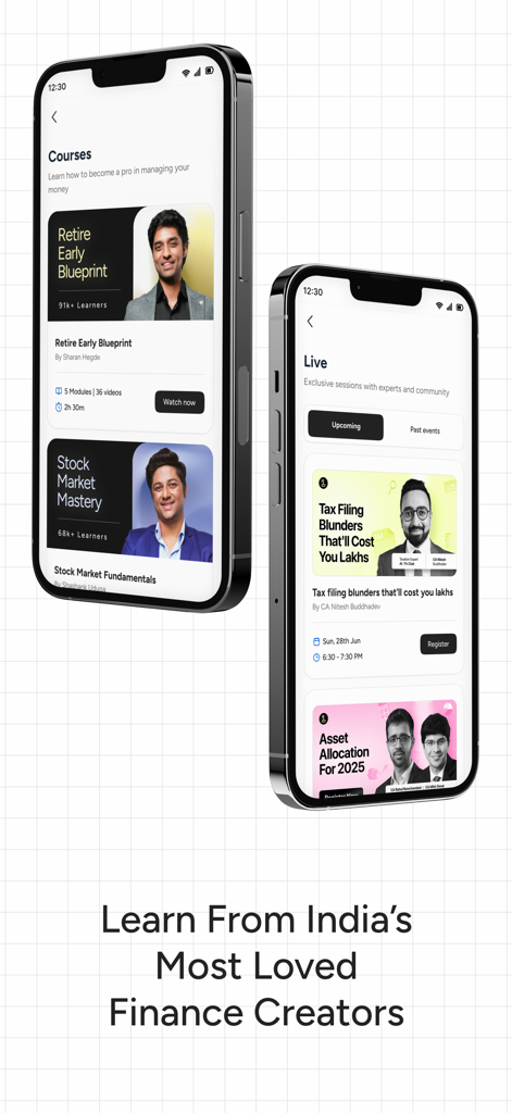 1% Club - Two smartphone screens showing finance courses and live expert sessions on the 1 percent club app