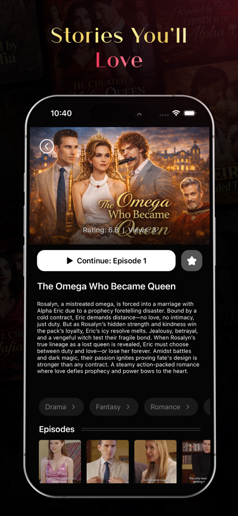 DramaShorts - Short Drama Hub - Interface do aplicativo DramaShorts mostrando uma série de drama romântico e de fantasia intitulada A Ômega Que Se Tornou Rainha.