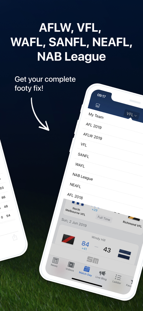 Footy Live: AFL Scores & Stats - Menú de la aplicación Footy Live que enumera la AFLW, VFL, WAFL y otras ligas de fútbol australiano
