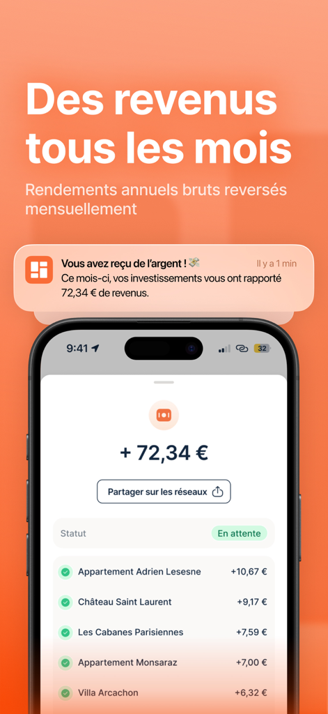Bricks : Immobilier & Épargne - Mobile app interface of Bricks showing monthly passive income and yield from fractional real estate investments