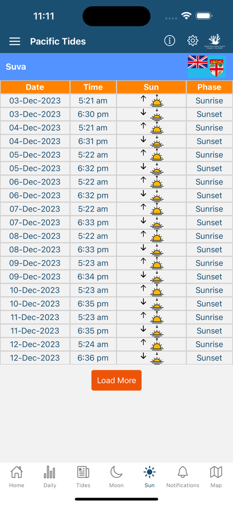 Una tabla que muestra las horas de salida y puesta del sol para Suva, Fiyi, en la aplicación Pacific Tides