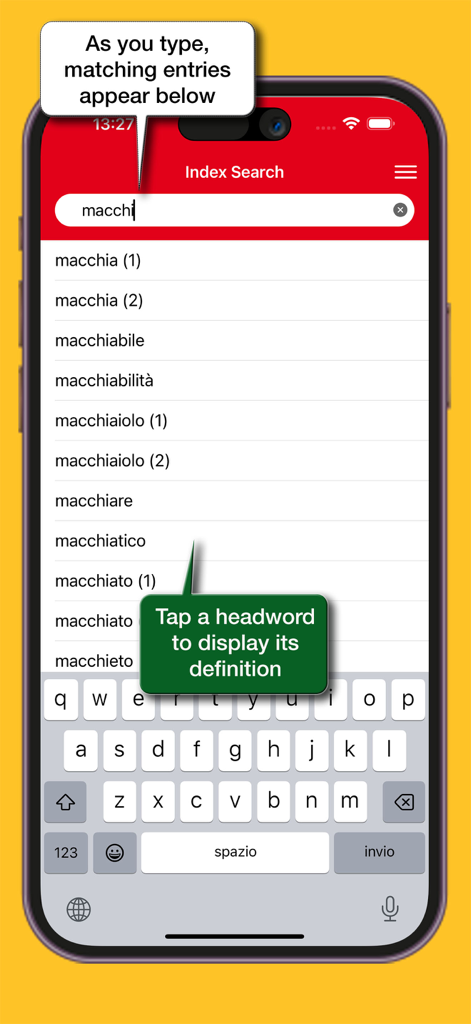 Dizionario Italiano Gabrielli - イタリア語辞書アプリの検索インターフェイス。macchiで始まる単語のリストが表示されています。