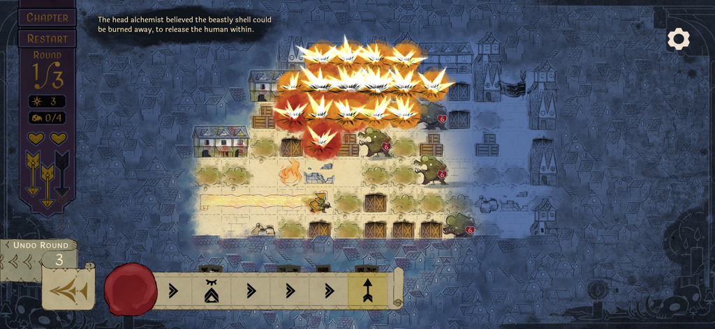 Howl - Turn based tactical combat in Howl showing move planning and explosive attacks in a living ink art style