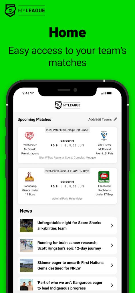 Pantalla de inicio de la aplicación MyLeague que muestra los próximos partidos de rugby comunitario y un feed de noticias.
