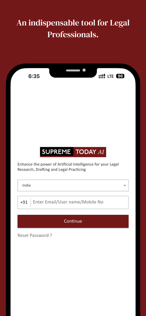 Supreme Today AI - Login screen of the Supreme Today AI mobile app for legal professionals featuring a login form and branding.