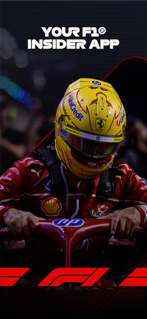 Formula 1® - Pantalla promocional de la aplicación oficial de Fórmula 1 que presenta a un piloto con un traje de carreras rojo y casco amarillo con el texto Tu Aplicación Insider de F1