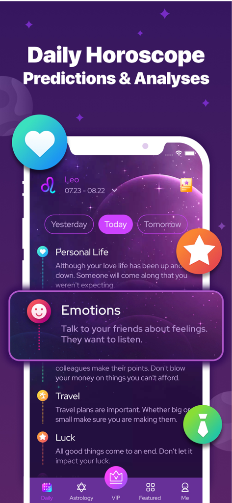 Interfaz de aplicación móvil que muestra predicciones de horóscopo diario y análisis para el signo zodiacal Leo.