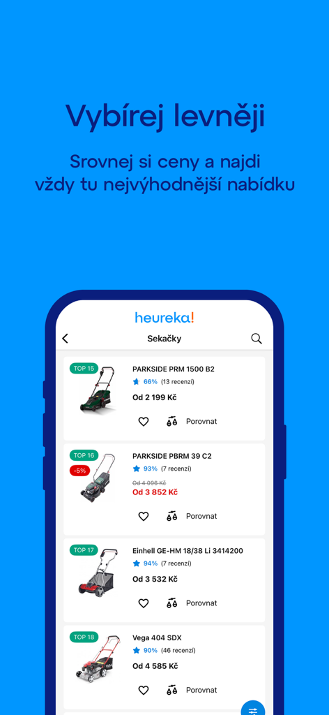 Heureka mobile app interface displaying a product list for lawnmowers with price comparisons and user ratings