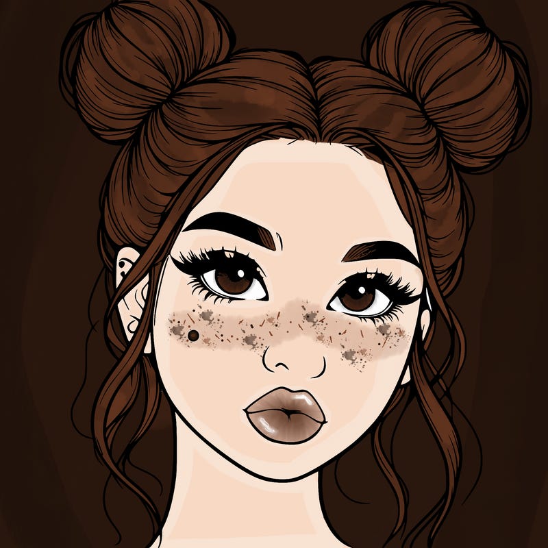 realistic girl with two buns on her hair and lips