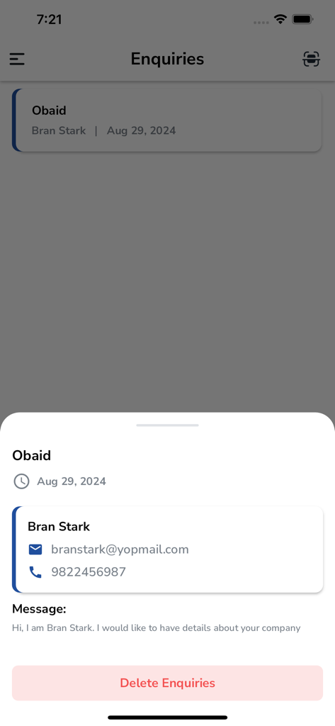 nCard - Detailansicht einer Geschäftsanfrage in der nCard-App mit Kontaktinformationen und einer Nachricht von einem Lead