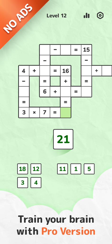 Math crossword puzzle game interface featuring arithmetic equations on a grid for brain training.