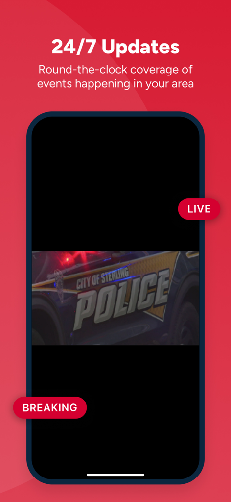 Smartphone screen of the WQAD News 8 app showing 24/7 live updates and breaking news coverage of a local event.