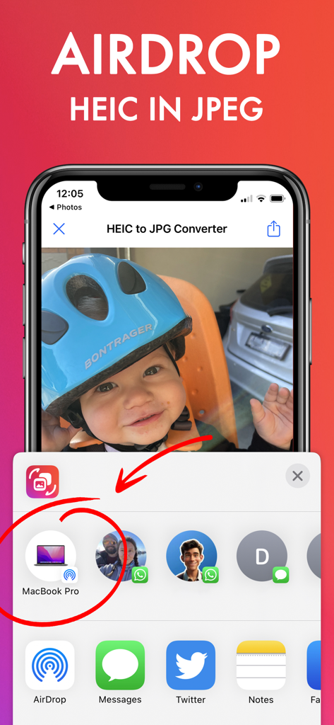 HEIC Converter: Image & Photo - iPhoneインターフェースがHEIC写真をJPEGファイルとして共有するためにAirDrop統合を表示