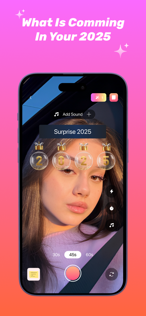 My 2025 Prediction - Una mujer joven usando un filtro de predicción 2025 en su teléfono para contenido de redes sociales.